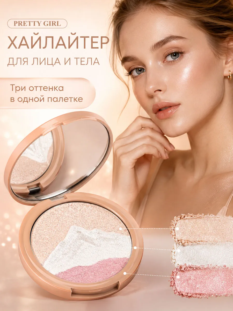 Хайлайтер для лица и тела сухой сияющий с зеркалом