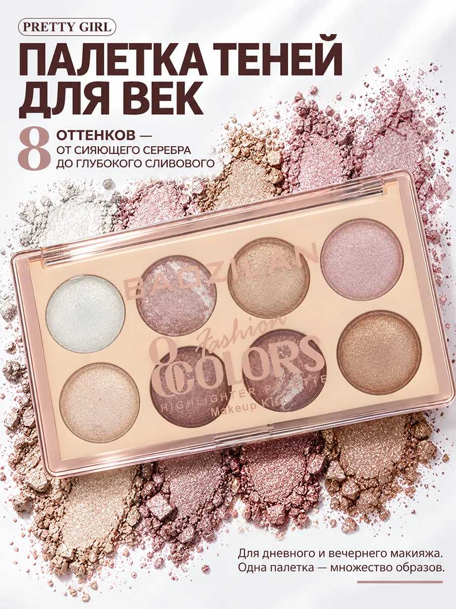 Тени для век палетка блестящие шиммерные 8 цветов