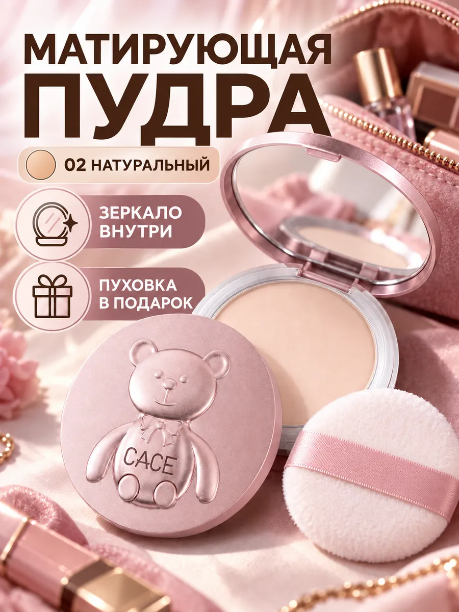Пудра для лица матирующая компактная бежевая с зеркалом