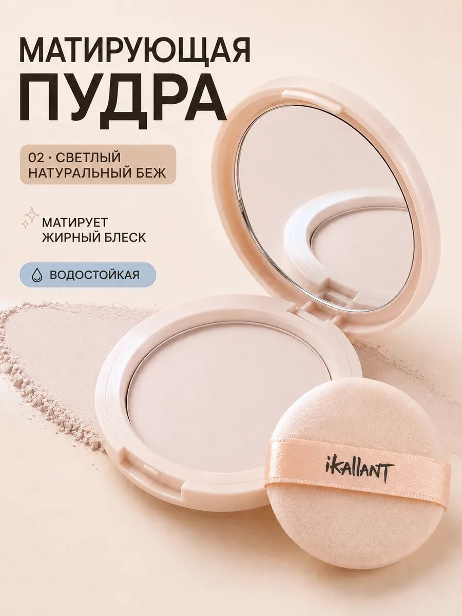 Пудра для лица матирующая со спонжем и зеркалом, тон 02
