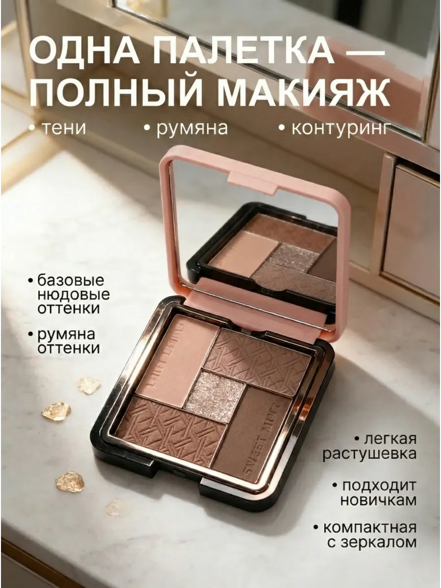 Палетка теней для век нюдовая матовая коричневая с румянами